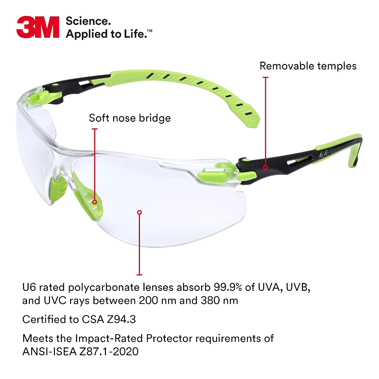 3M Safety Glasses, Solus 1000, S1201SGAF, ANSI Z87, Scotchgard Anti-Fog Lens, Green/Black 